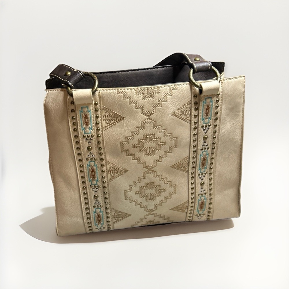 Montana West Tooled Concealed Carry Handbag Cream Color With Turquoise Accent